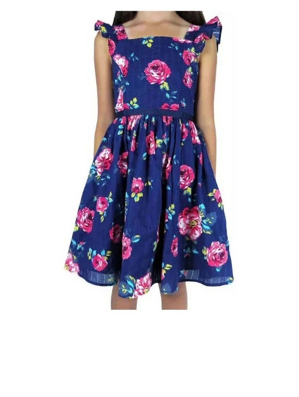 Girls Navy Floral Sundress with Pink Rose Print Sz 10/12